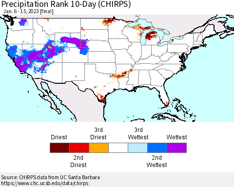 United States Precipitation Rank since 1981, 10-Day (CHIRPS) Thematic Map For 1/6/2023 - 1/15/2023