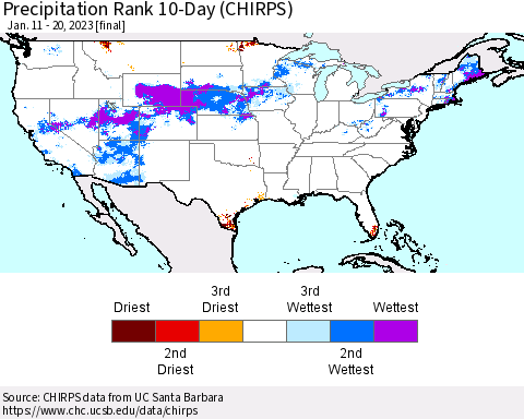 United States Precipitation Rank since 1981, 10-Day (CHIRPS) Thematic Map For 1/11/2023 - 1/20/2023