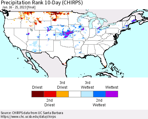 United States Precipitation Rank since 1981, 10-Day (CHIRPS) Thematic Map For 1/16/2023 - 1/25/2023