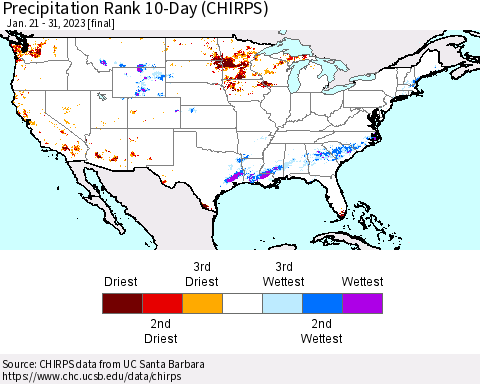 United States Precipitation Rank 10-Day (CHIRPS) Thematic Map For 1/21/2023 - 1/31/2023