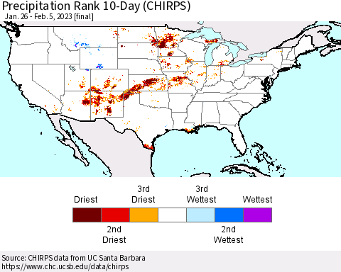 United States Precipitation Rank since 1981, 10-Day (CHIRPS) Thematic Map For 1/26/2023 - 2/5/2023