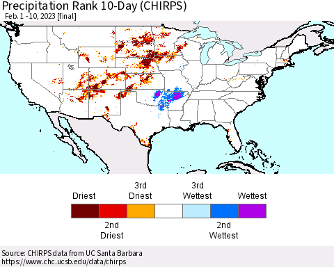 United States Precipitation Rank since 1981, 10-Day (CHIRPS) Thematic Map For 2/1/2023 - 2/10/2023