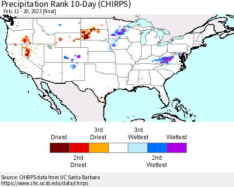 United States Precipitation Rank 10-Day (CHIRPS) Thematic Map For 2/11/2023 - 2/20/2023