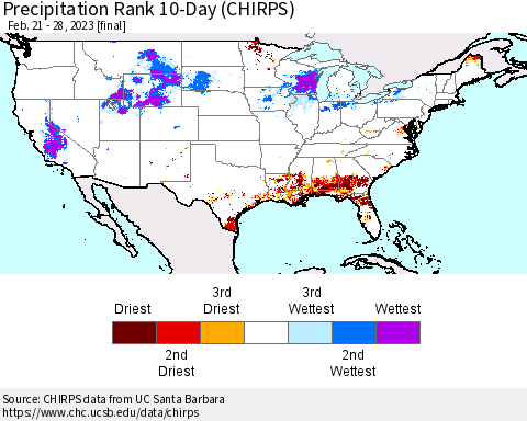 United States Precipitation Rank since 1981, 10-Day (CHIRPS) Thematic Map For 2/21/2023 - 2/28/2023