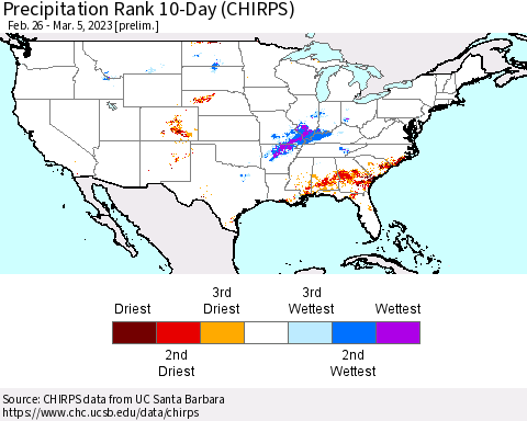United States Precipitation Rank 10-Day (CHIRPS) Thematic Map For 2/26/2023 - 3/5/2023