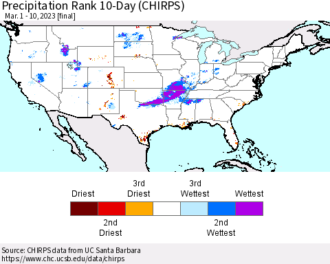 United States Precipitation Rank since 1981, 10-Day (CHIRPS) Thematic Map For 3/1/2023 - 3/10/2023