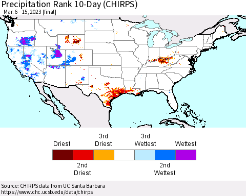 United States Precipitation Rank since 1981, 10-Day (CHIRPS) Thematic Map For 3/6/2023 - 3/15/2023