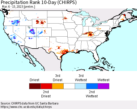 United States Precipitation Rank 10-Day (CHIRPS) Thematic Map For 3/6/2023 - 3/15/2023