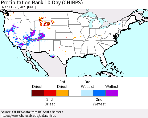 United States Precipitation Rank since 1981, 10-Day (CHIRPS) Thematic Map For 3/11/2023 - 3/20/2023
