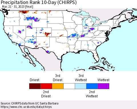 United States Precipitation Rank since 1981, 10-Day (CHIRPS) Thematic Map For 3/21/2023 - 3/31/2023