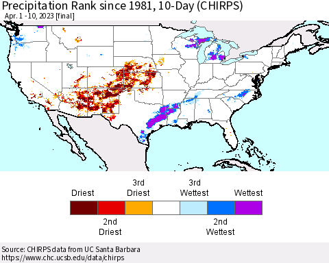 United States Precipitation Rank since 1981, 10-Day (CHIRPS) Thematic Map For 4/1/2023 - 4/10/2023