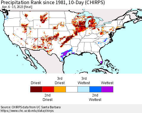 United States Precipitation Rank since 1981, 10-Day (CHIRPS) Thematic Map For 4/6/2023 - 4/15/2023