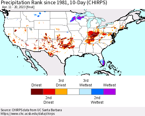 United States Precipitation Rank since 1981, 10-Day (CHIRPS) Thematic Map For 4/11/2023 - 4/20/2023