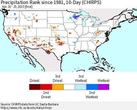United States Precipitation Rank since 1981, 10-Day (CHIRPS) Thematic Map For 4/16/2023 - 4/25/2023