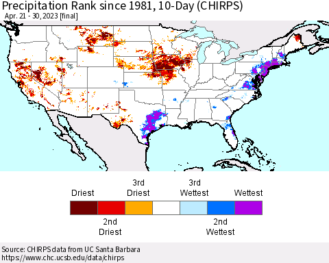 United States Precipitation Rank since 1981, 10-Day (CHIRPS) Thematic Map For 4/21/2023 - 4/30/2023