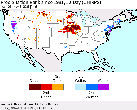 United States Precipitation Rank since 1981, 10-Day (CHIRPS) Thematic Map For 4/26/2023 - 5/5/2023