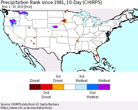 United States Precipitation Rank since 1981, 10-Day (CHIRPS) Thematic Map For 5/1/2023 - 5/10/2023