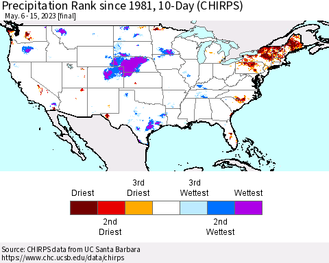 United States Precipitation Rank since 1981, 10-Day (CHIRPS) Thematic Map For 5/6/2023 - 5/15/2023
