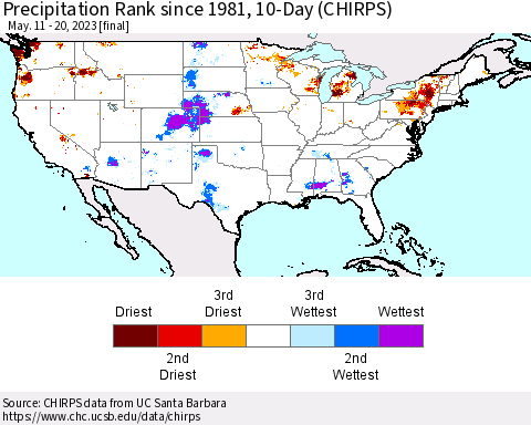 United States Precipitation Rank since 1981, 10-Day (CHIRPS) Thematic Map For 5/11/2023 - 5/20/2023