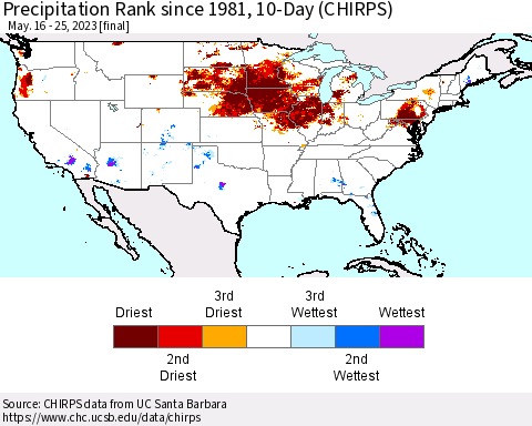 United States Precipitation Rank since 1981, 10-Day (CHIRPS) Thematic Map For 5/16/2023 - 5/25/2023