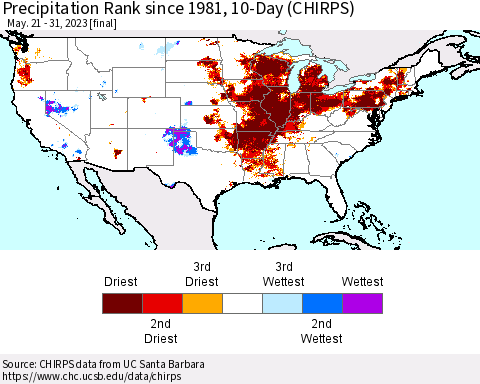 United States Precipitation Rank since 1981, 10-Day (CHIRPS) Thematic Map For 5/21/2023 - 5/31/2023