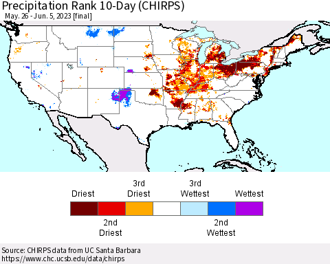 United States Precipitation Rank since 1981, 10-Day (CHIRPS) Thematic Map For 5/26/2023 - 6/5/2023