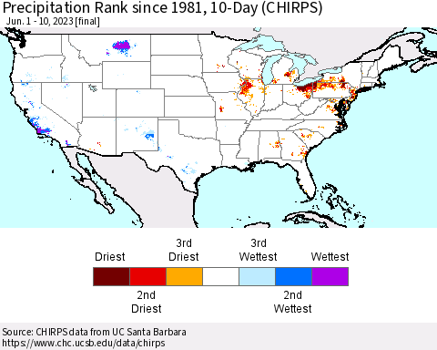 United States Precipitation Rank since 1981, 10-Day (CHIRPS) Thematic Map For 6/1/2023 - 6/10/2023