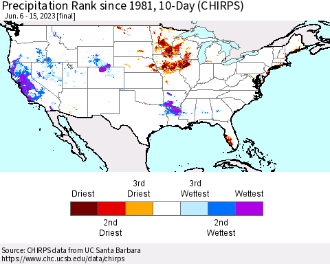 United States Precipitation Rank since 1981, 10-Day (CHIRPS) Thematic Map For 6/6/2023 - 6/15/2023