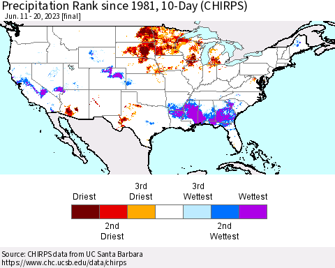 United States Precipitation Rank since 1981, 10-Day (CHIRPS) Thematic Map For 6/11/2023 - 6/20/2023