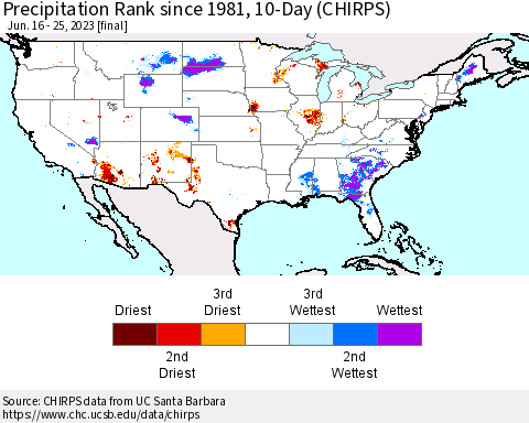 United States Precipitation Rank since 1981, 10-Day (CHIRPS) Thematic Map For 6/16/2023 - 6/25/2023