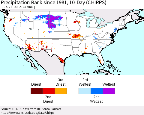 United States Precipitation Rank since 1981, 10-Day (CHIRPS) Thematic Map For 6/21/2023 - 6/30/2023