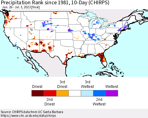 United States Precipitation Rank since 1981, 10-Day (CHIRPS) Thematic Map For 6/26/2023 - 7/5/2023