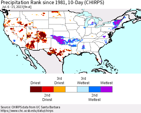 United States Precipitation Rank since 1981, 10-Day (CHIRPS) Thematic Map For 7/6/2023 - 7/15/2023