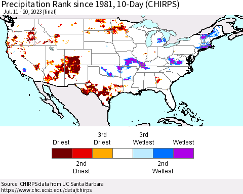 United States Precipitation Rank since 1981, 10-Day (CHIRPS) Thematic Map For 7/11/2023 - 7/20/2023