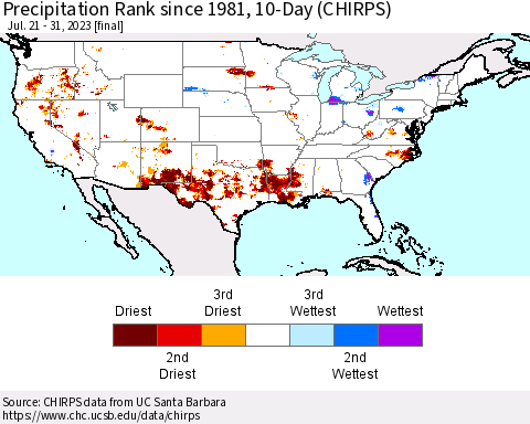 United States Precipitation Rank since 1981, 10-Day (CHIRPS) Thematic Map For 7/21/2023 - 7/31/2023
