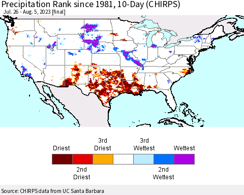 United States Precipitation Rank since 1981, 10-Day (CHIRPS) Thematic Map For 7/26/2023 - 8/5/2023