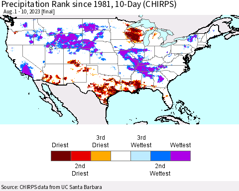United States Precipitation Rank since 1981, 10-Day (CHIRPS) Thematic Map For 8/1/2023 - 8/10/2023