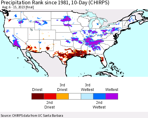 United States Precipitation Rank since 1981, 10-Day (CHIRPS) Thematic Map For 8/6/2023 - 8/15/2023