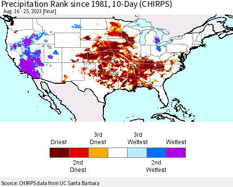 United States Precipitation Rank since 1981, 10-Day (CHIRPS) Thematic Map For 8/16/2023 - 8/25/2023