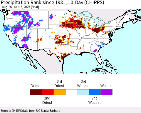 United States Precipitation Rank since 1981, 10-Day (CHIRPS) Thematic Map For 8/26/2023 - 9/5/2023