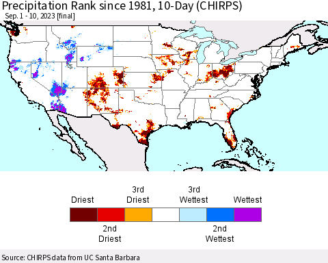 United States Precipitation Rank since 1981, 10-Day (CHIRPS) Thematic Map For 9/1/2023 - 9/10/2023