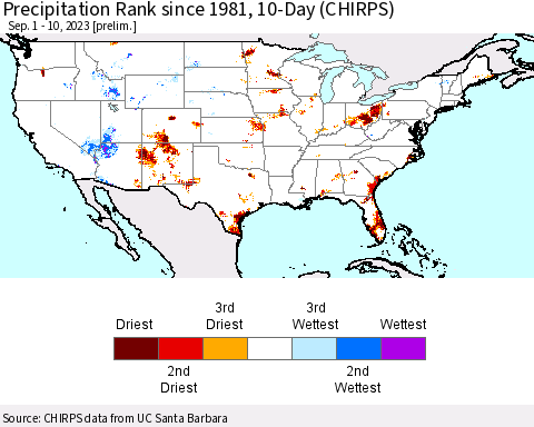 United States Precipitation Rank since 1981, 10-Day (CHIRPS) Thematic Map For 9/1/2023 - 9/10/2023