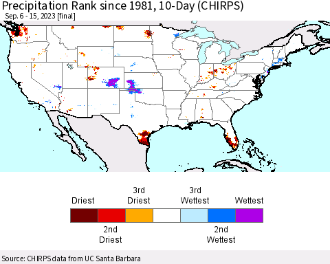 United States Precipitation Rank since 1981, 10-Day (CHIRPS) Thematic Map For 9/6/2023 - 9/15/2023