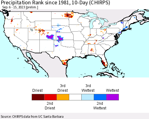 United States Precipitation Rank since 1981, 10-Day (CHIRPS) Thematic Map For 9/6/2023 - 9/15/2023