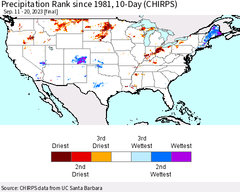United States Precipitation Rank since 1981, 10-Day (CHIRPS) Thematic Map For 9/11/2023 - 9/20/2023