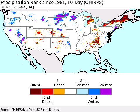 United States Precipitation Rank since 1981, 10-Day (CHIRPS) Thematic Map For 9/21/2023 - 9/30/2023