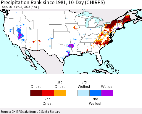 United States Precipitation Rank since 1981, 10-Day (CHIRPS) Thematic Map For 9/26/2023 - 10/5/2023