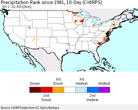United States Precipitation Rank since 1981, 10-Day (CHIRPS) Thematic Map For 10/1/2023 - 10/10/2023