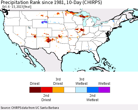 United States Precipitation Rank since 1981, 10-Day (CHIRPS) Thematic Map For 10/6/2023 - 10/15/2023