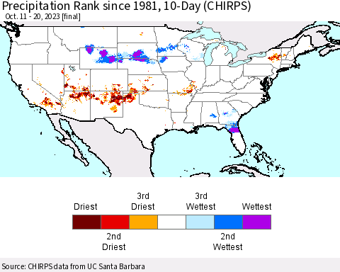 United States Precipitation Rank since 1981, 10-Day (CHIRPS) Thematic Map For 10/11/2023 - 10/20/2023